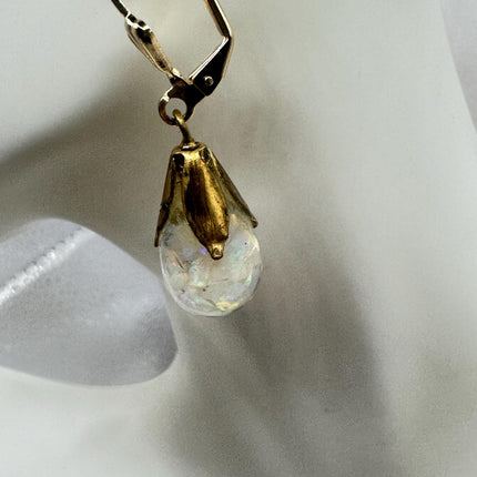 Vintage White Fire Floating Opal Earrings - Gold 925 Sterling Silver