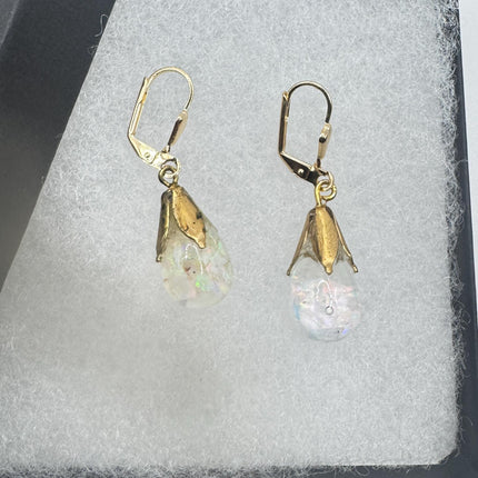 Vintage White Fire Floating Opal Earrings - Gold 925 Sterling Silver