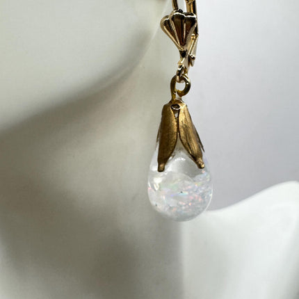 Vintage White Fire Floating Opal Earrings - Gold 925 Sterling Silver