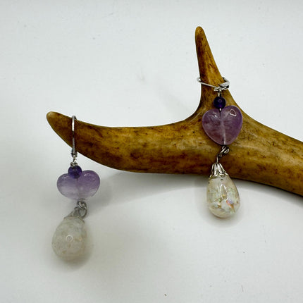 Vintage White Fire Floating Opal Amethyst Heart Earrings 925 Sterling Silver Lever backs