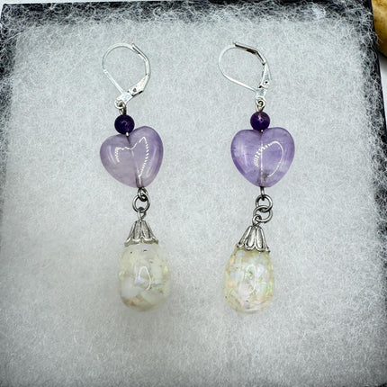 Vintage White Fire Floating Opal Amethyst Heart Earrings 925 Sterling Silver Lever backs