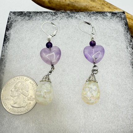 Vintage White Fire Floating Opal Amethyst Heart Earrings 925 Sterling Silver Lever backs