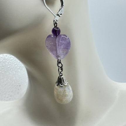 Vintage White Fire Floating Opal Amethyst Heart Earrings 925 Sterling Silver Lever backs
