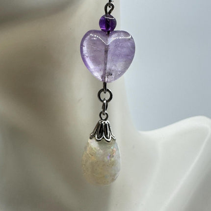 Vintage White Fire Floating Opal Amethyst Heart Earrings 925 Sterling Silver Lever backs