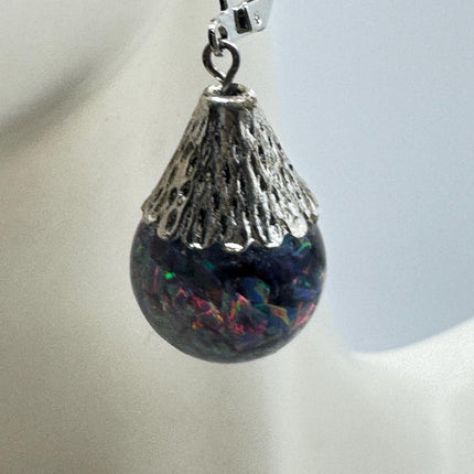 Vintage Black Fire Floating Opal Earrings 925 Sterling Silver Lever backs
