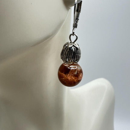 Vintage Fire Floating Goldstone Earrings - Gold 925 Sterling Silver