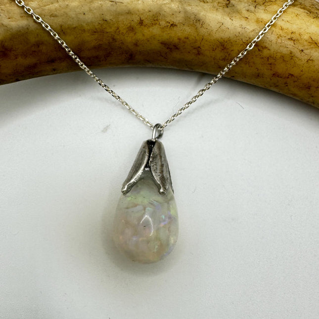 Vintage White Fire Floating Opal Necklace Sterling Silver