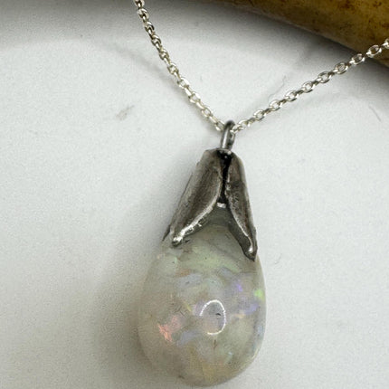 Vintage White Fire Floating Opal Necklace Sterling Silver