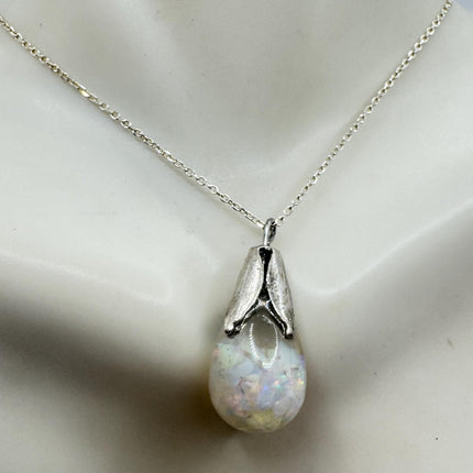Vintage White Fire Floating Opal Necklace Sterling Silver