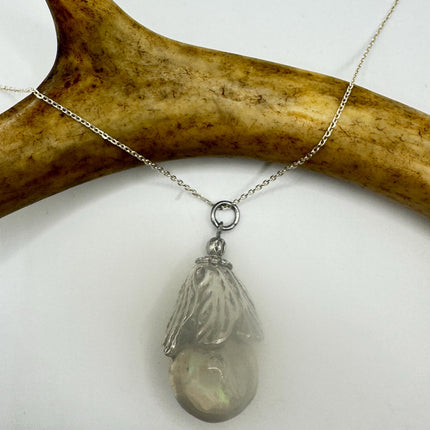 Vintage White Fire Floating Opal Necklace Sterling Silver