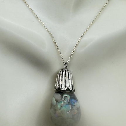 Vintage White Fire Floating Opal Necklace Sterling Silver