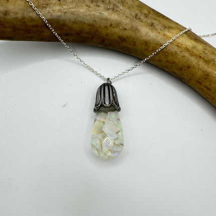 Vintage White Fire Floating Opal Necklace Sterling Silver