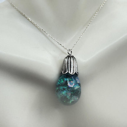 Vintage Blue Fire Floating Opal Necklace Sterling Silver