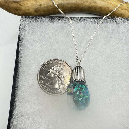 Vintage Blue Fire Floating Opal Necklace Sterling Silver