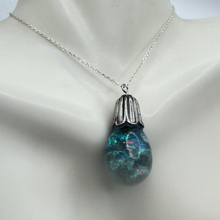 Vintage Blue Fire Floating Opal Necklace Sterling Silver