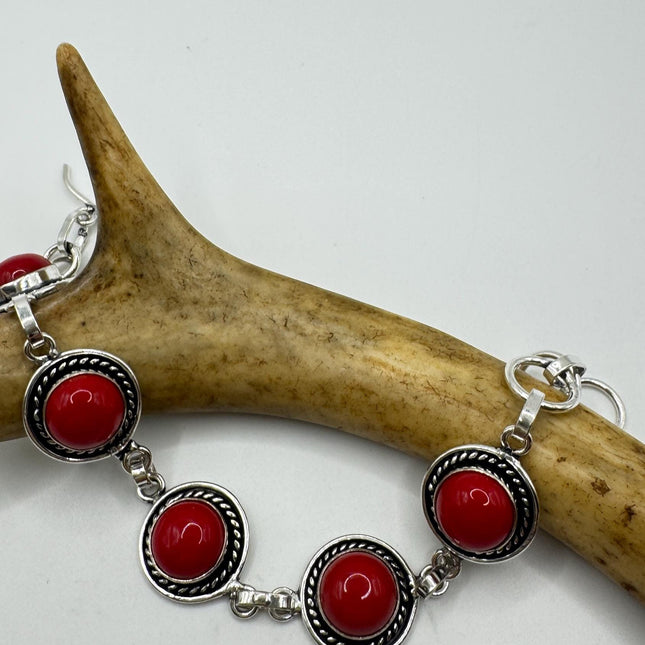 Vintage Red Coral Glass Silver Toggle Bracelet Silver Bronze
