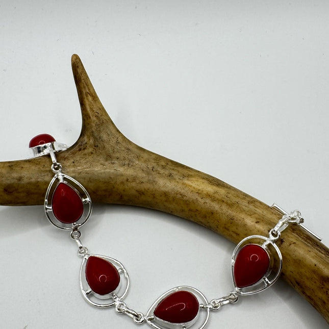 Vintage Red Coral Glass Silver Toggle Bracelet Silver Bronze