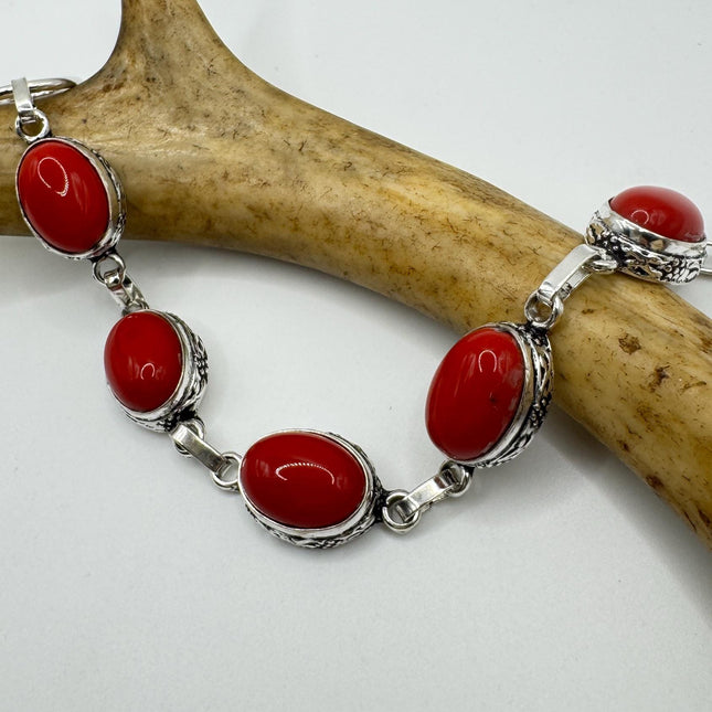 Vintage Red Coral Glass Silver Toggle Bracelet Silver Bronze