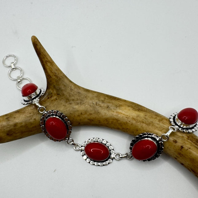 Vintage Red Coral Glass Silver Toggle Bracelet Silver Bronze