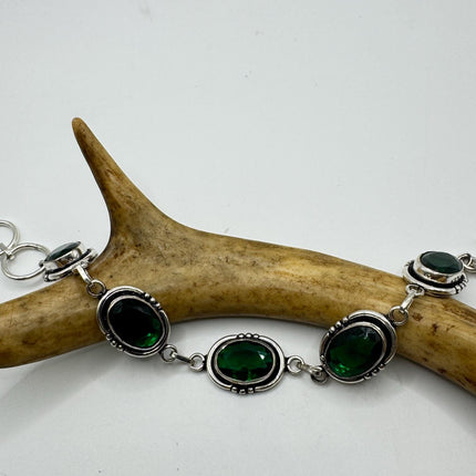 Vintage Green Glass Silver Toggle Bracelet Silver Bronze
