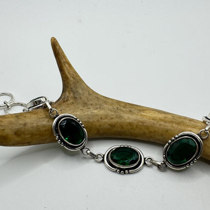 Vintage Green Glass Silver Toggle Bracelet Silver Bronze
