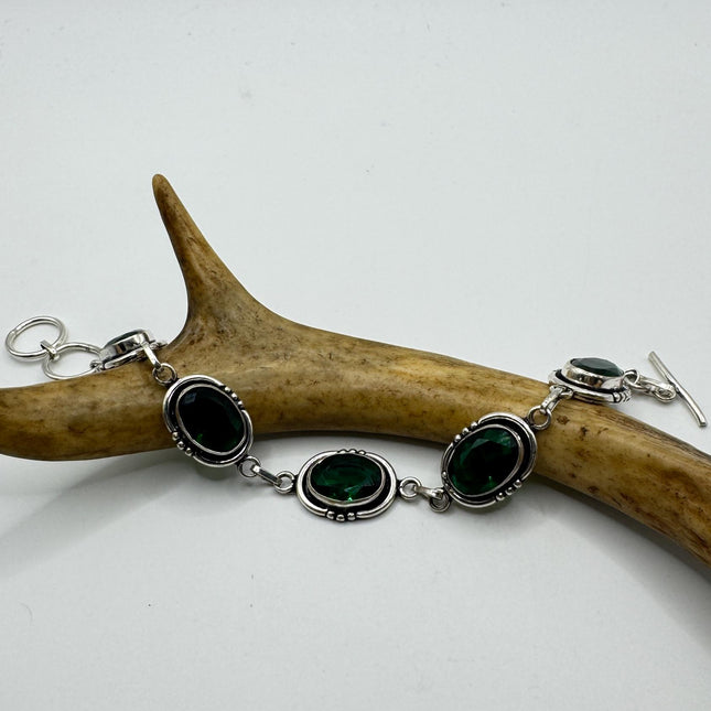 Vintage Green Glass Silver Toggle Bracelet Silver Bronze