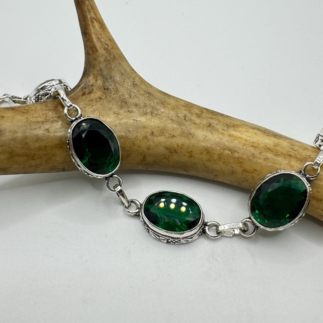 Vintage Green Glass Silver Toggle Bracelet Silver Bronze