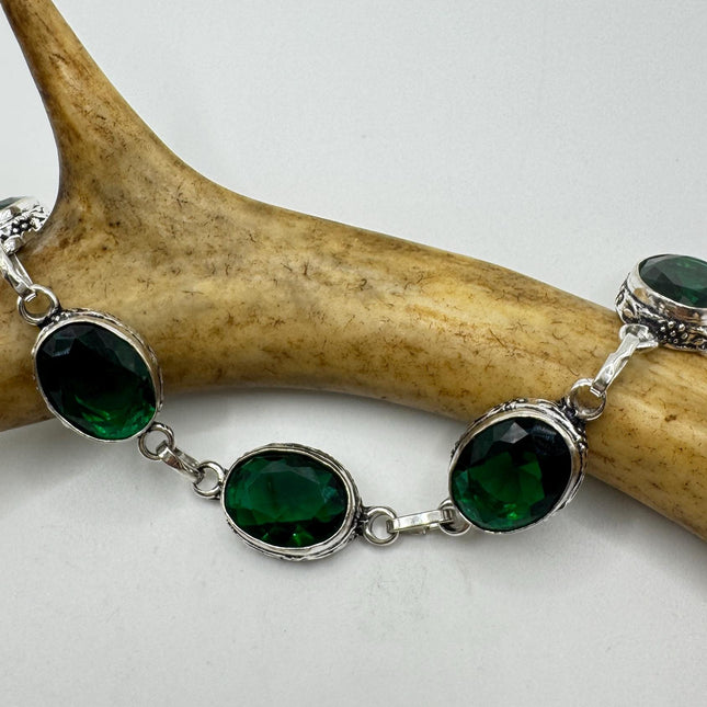 Vintage Green Glass Silver Toggle Bracelet Silver Bronze