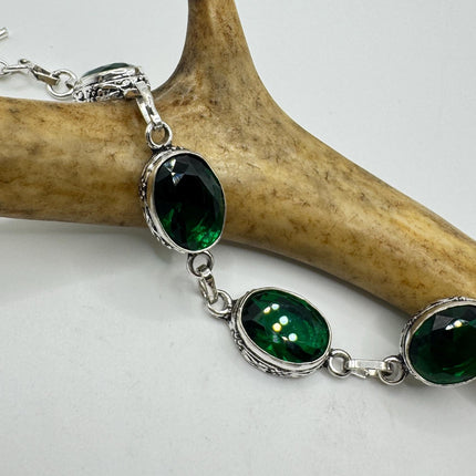 Vintage Green Glass Silver Toggle Bracelet Silver Bronze