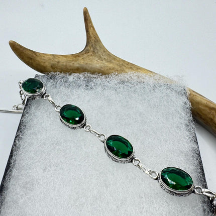 Vintage Green Glass Silver Toggle Bracelet Silver Bronze