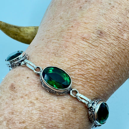 Vintage Green Glass Silver Toggle Bracelet Silver Bronze
