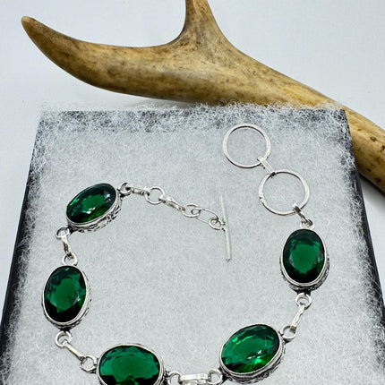 Vintage Green Glass Silver Toggle Bracelet Silver Bronze