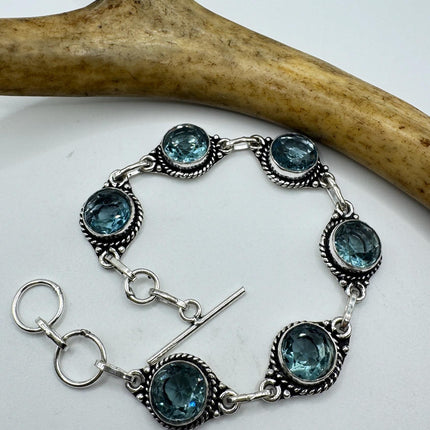 Vintage Blue Glass Silver Toggle Bracelet Silver Bronze