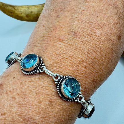 Vintage Blue Glass Silver Toggle Bracelet Silver Bronze
