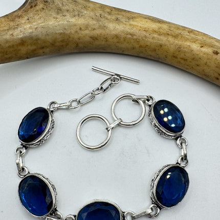 Vintage colbalt Blue Glass Silver Toggle Bracelet Silver Bronze