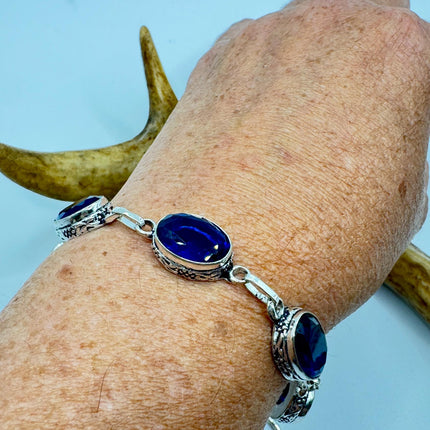 Vintage colbalt Blue Glass Silver Toggle Bracelet Silver Bronze