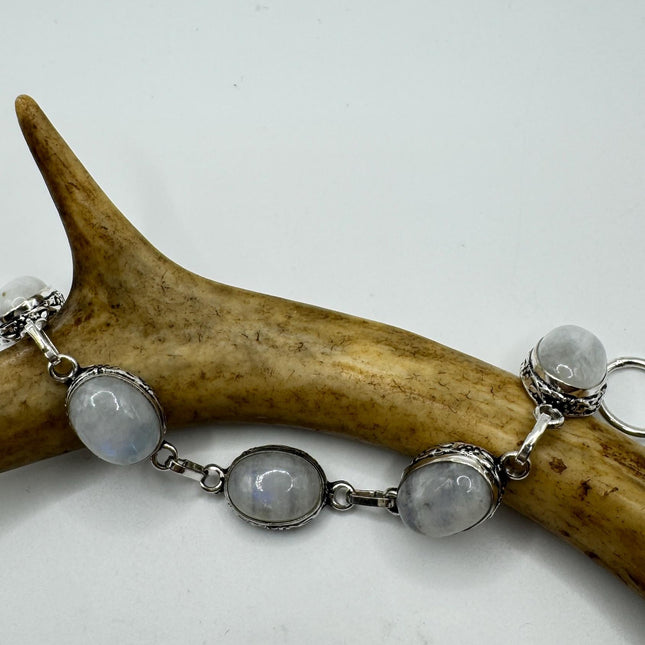 Vintage Rainbow Moonstone Toggle Bracelet Silver Bronze