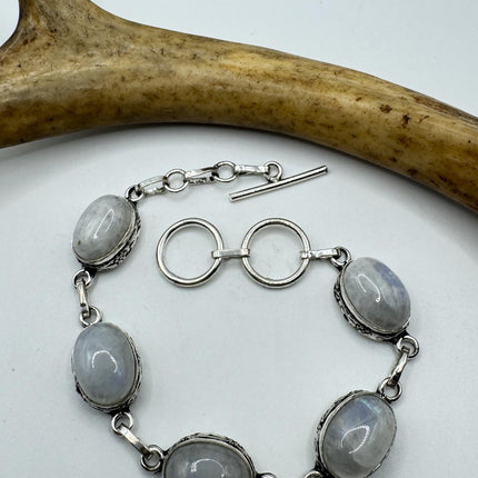 Vintage Rainbow Moonstone Toggle Bracelet Silver Bronze