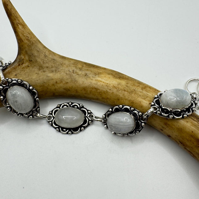 Vintage Rainbow Moonstone Toggle Bracelet Silver Bronze