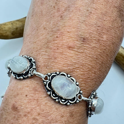 Vintage Rainbow Moonstone Toggle Bracelet Silver Bronze