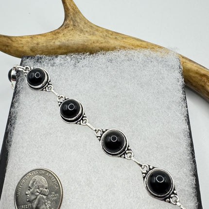 Vintage Black Onyx Toggle Bracelet Silver Bronze
