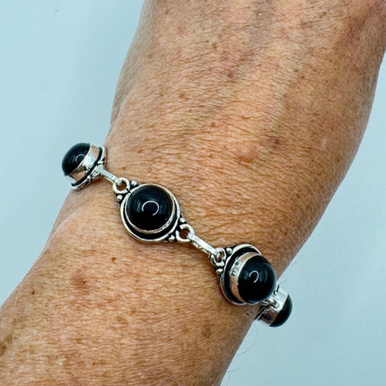 Vintage Black Onyx Toggle Bracelet Silver Bronze