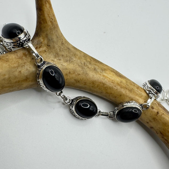 Vintage Black Onyx Toggle Bracelet Silver Bronze