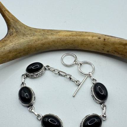 Vintage Black Onyx Toggle Bracelet Silver Bronze
