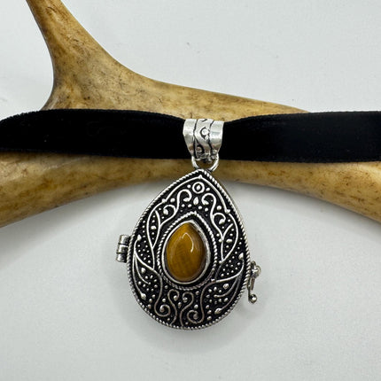 Vintage Poison Pillbox Velvet Choker Locket - Silver, White Bronze, Tigers Eye, Antique Design, Necklace