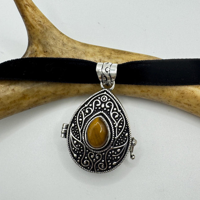 Vintage Poison Pillbox Velvet Choker Locket - Silver, White Bronze, Tigers Eye, Antique Design, Necklace