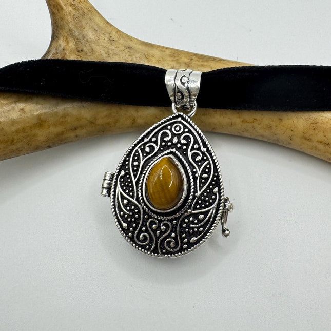 Vintage Poison Pillbox Velvet Choker Locket - Silver, White Bronze, Tigers Eye, Antique Design, Necklace