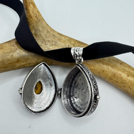 Vintage Poison Pillbox Velvet Choker Locket - Silver, White Bronze, Tigers Eye, Antique Design, Necklace