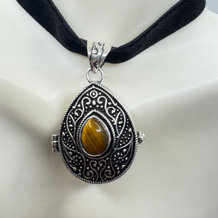 Vintage Poison Pillbox Velvet Choker Locket - Silver, White Bronze, Tigers Eye, Antique Design, Necklace
