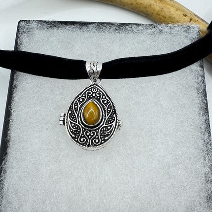 Vintage Poison Pillbox Velvet Choker Locket - Silver, White Bronze, Tigers Eye, Antique Design, Necklace